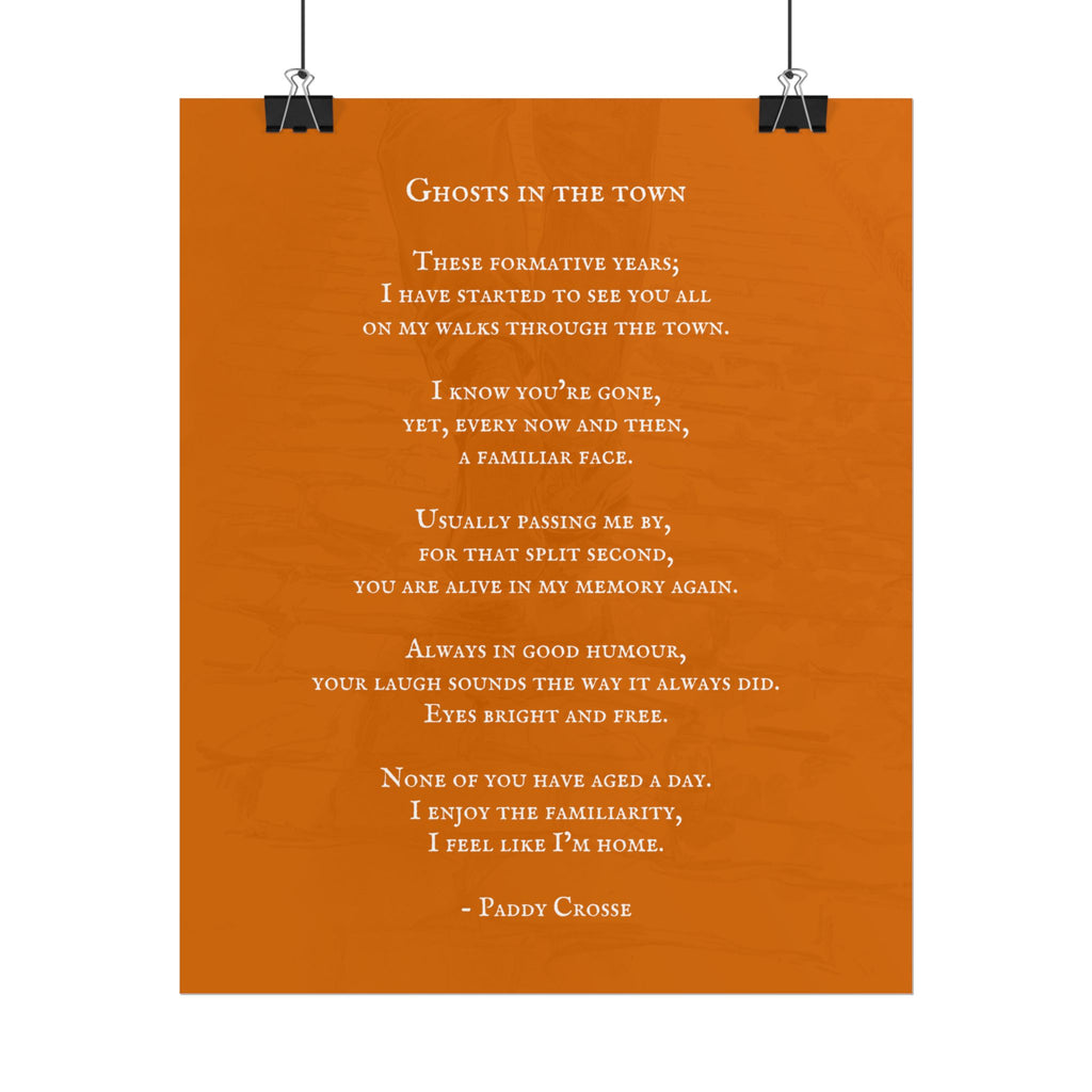 Poem titled 'Ghosts in the Town' by Paddy Crosse on an orange background.