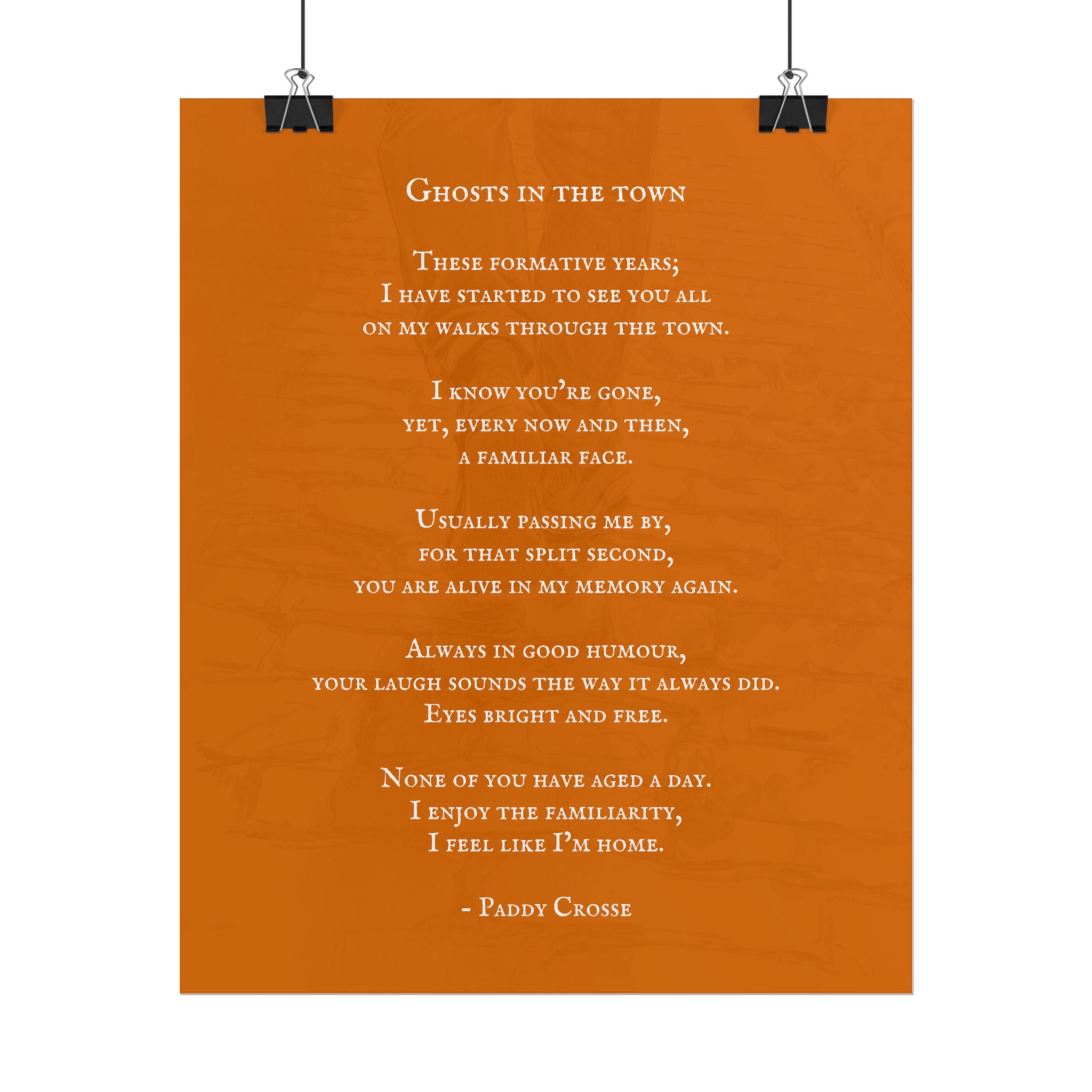 Poem titled 'Ghosts in the Town' by Paddy Crosse on an orange background.